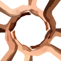 eight hands of different skin shades forming a circle